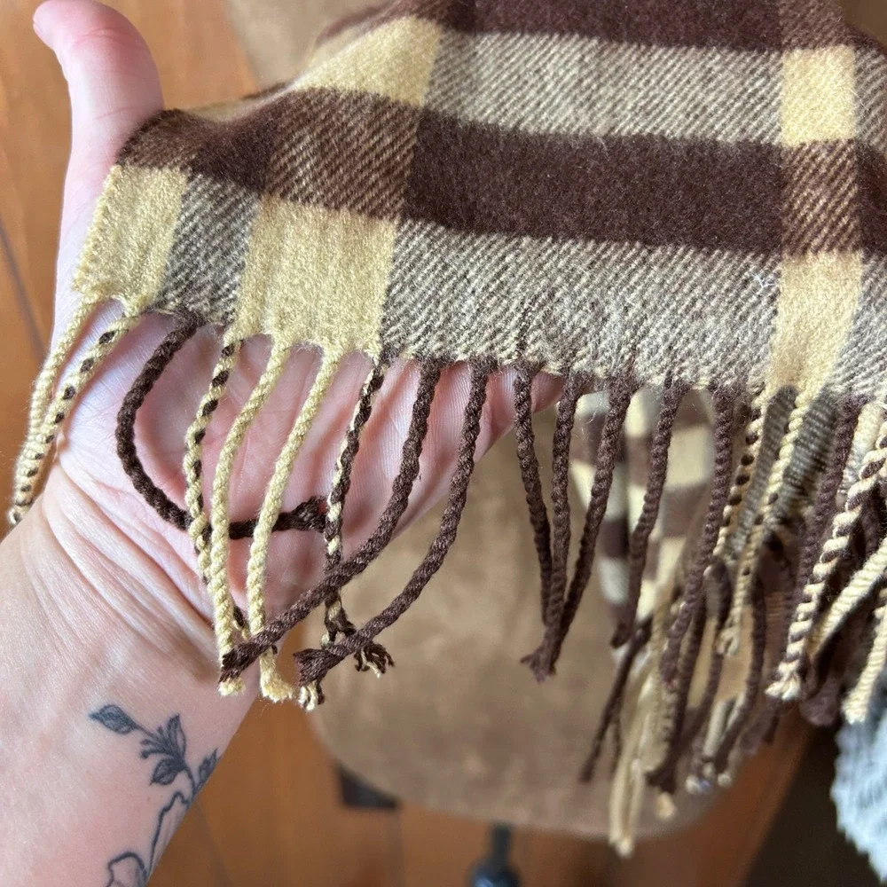 Brown Beige Plaid Scarf Fringe Wool Blend Cozy Winter Warm Accessory‎